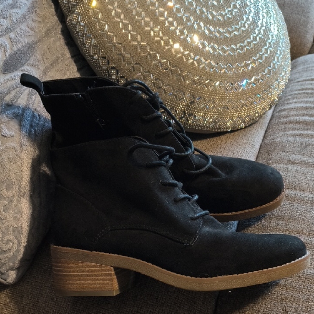 Style & Co. Black Suede Lace-Up Ankle Boots with Brown Stacked Heel